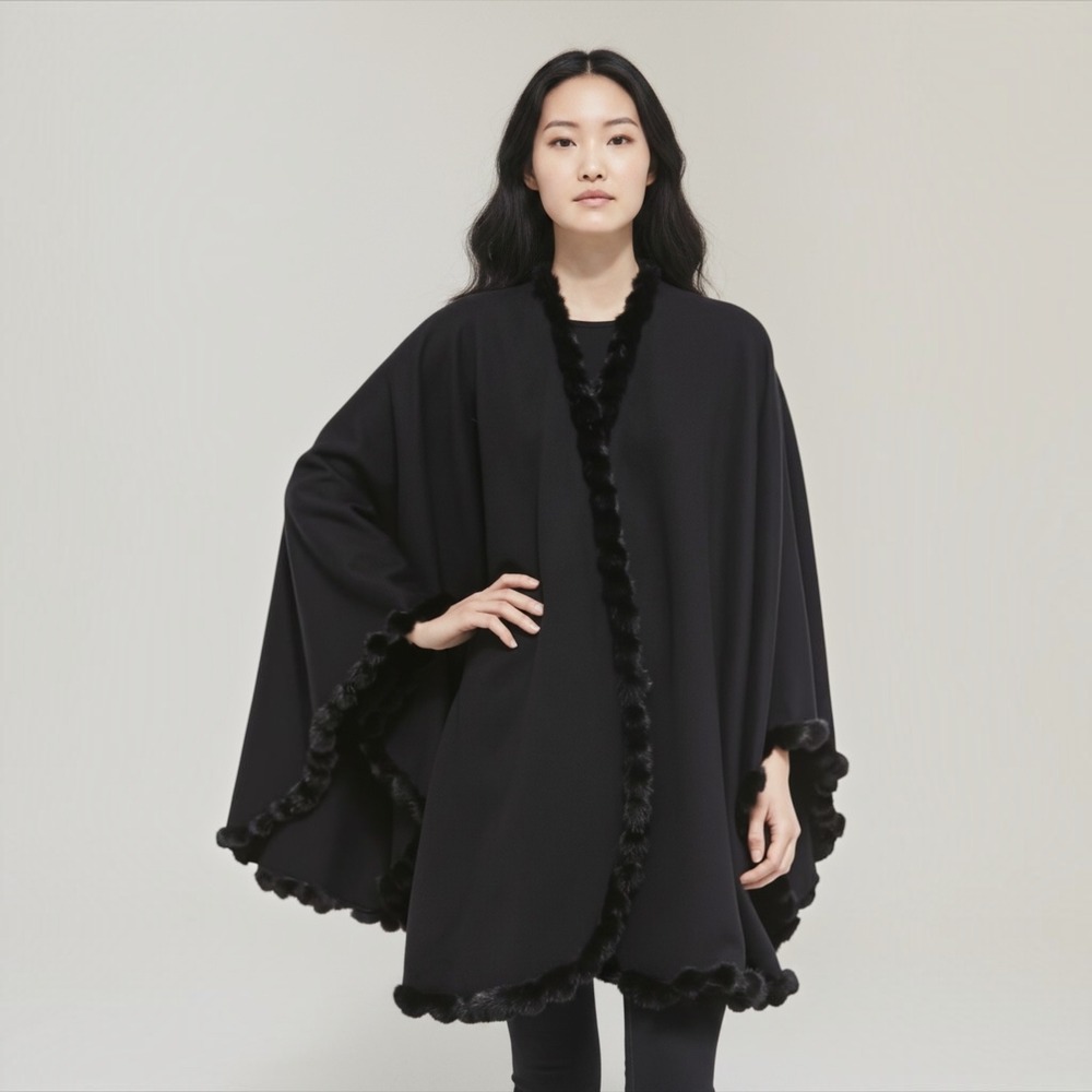 Sorbara Neiman Marcus Black Cashmere Mink Fur Trim Cape Wrap Coat One Size